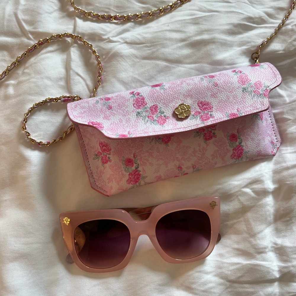 LoveShackFancy Sunglasses with Floral Pink Crossbody Bag/Case